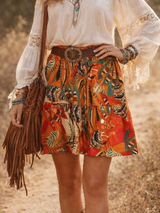 Mlle Gabrielle Dresses & Skirts - Mlle Gabrielle Elastic Waist Short Skirt L Tropical Boho Resort Made in India
